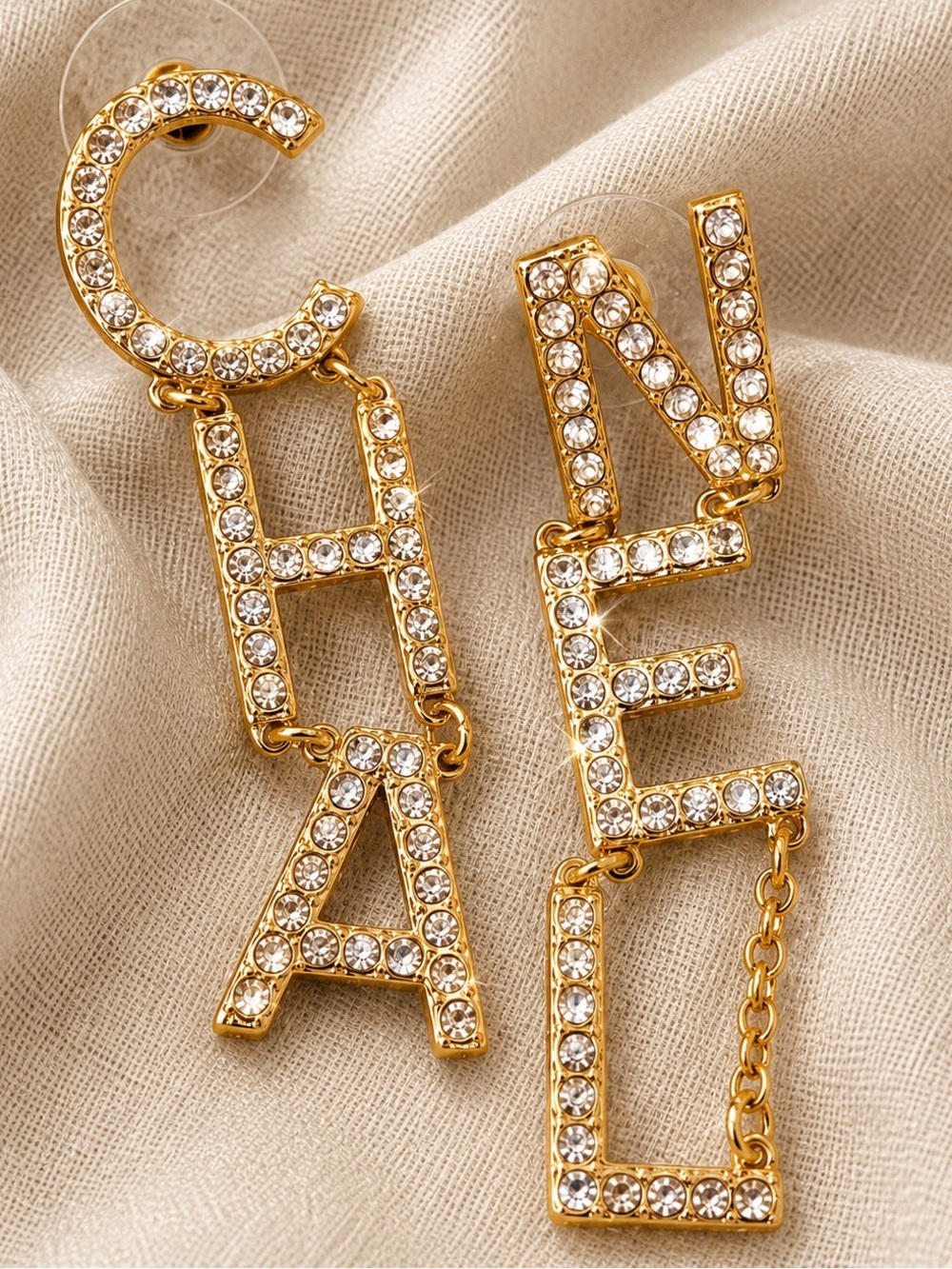 Signed Chanel Inspired Gold Rhinestone Letter Drop Earrings Chain Link Statement